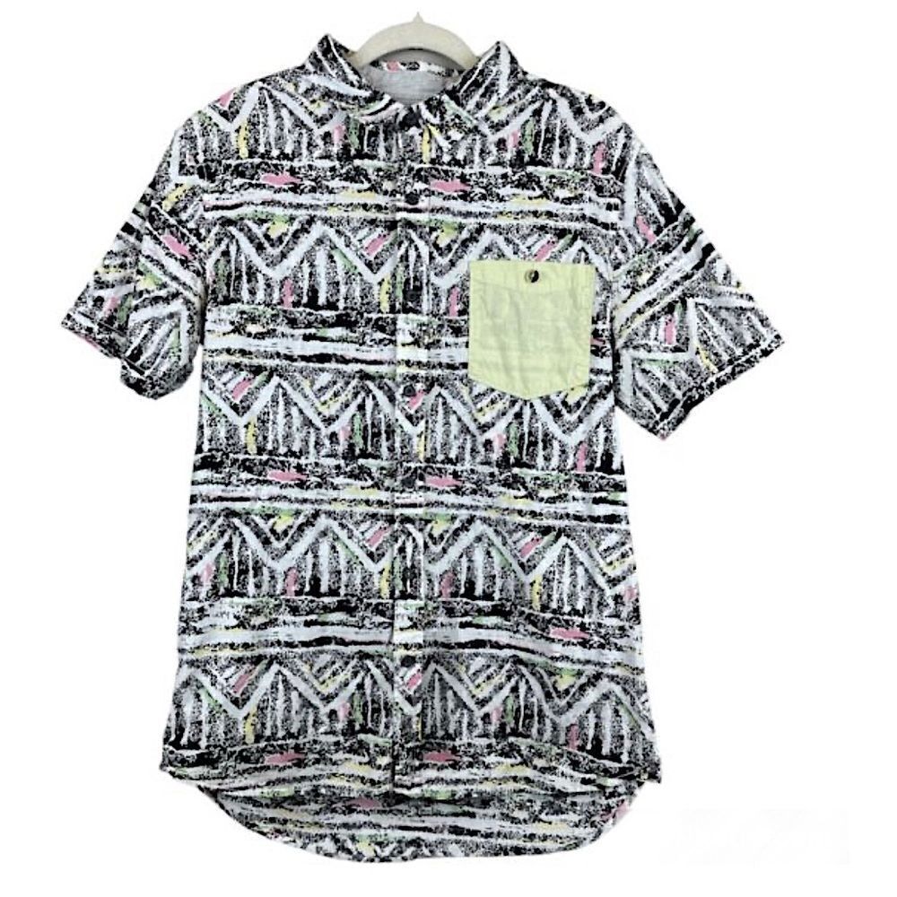 Modern Amusement casual Button Down Pocket Short Sleeve geometric print Shirt -S